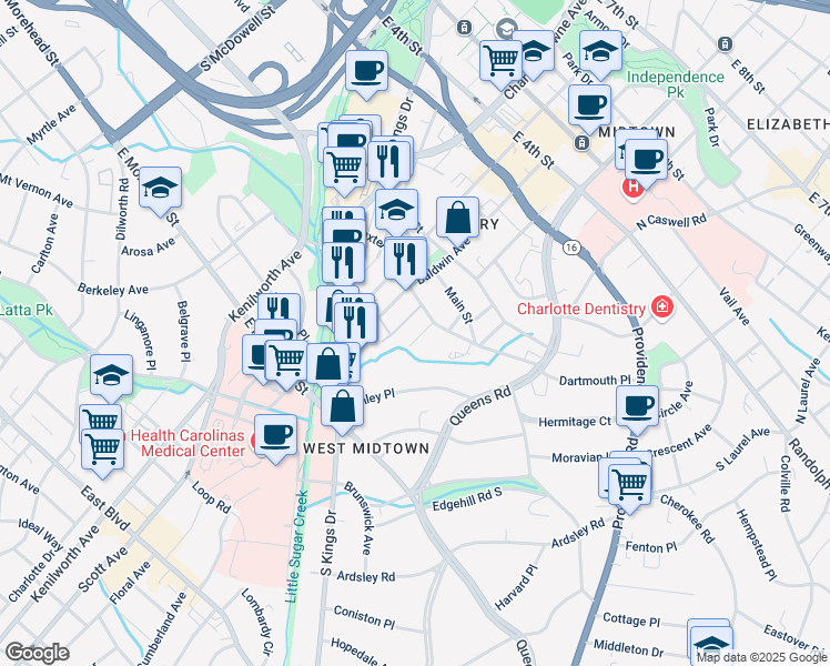 map of restaurants, bars, coffee shops, grocery stores, and more near 616 Welker Street in Charlotte