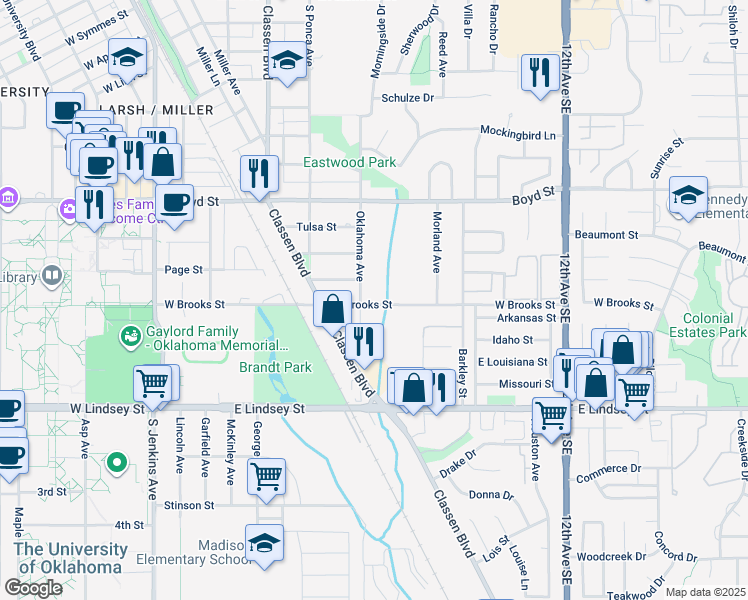 map of restaurants, bars, coffee shops, grocery stores, and more near 607 East Brooks Street in Norman