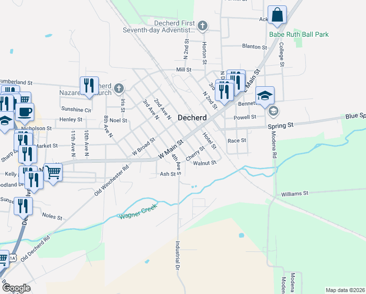 map of restaurants, bars, coffee shops, grocery stores, and more near 303 W Main St in Decherd