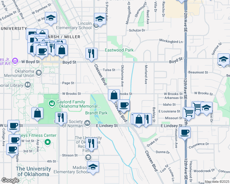 map of restaurants, bars, coffee shops, grocery stores, and more near 507 East Brooks Street in Norman