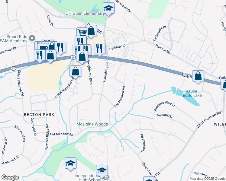 map of restaurants, bars, coffee shops, grocery stores, and more near 9332 Winter Elm Lane in Charlotte