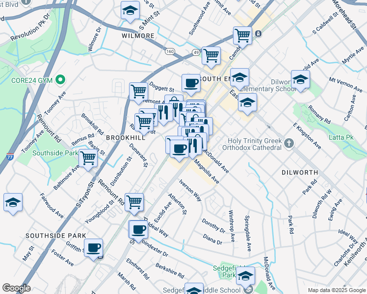 map of restaurants, bars, coffee shops, grocery stores, and more near 2108 South Boulevard in Charlotte