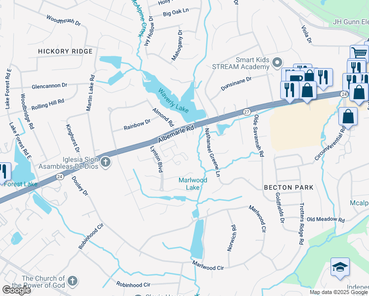 map of restaurants, bars, coffee shops, grocery stores, and more near 8115 Tremaine Court in Charlotte