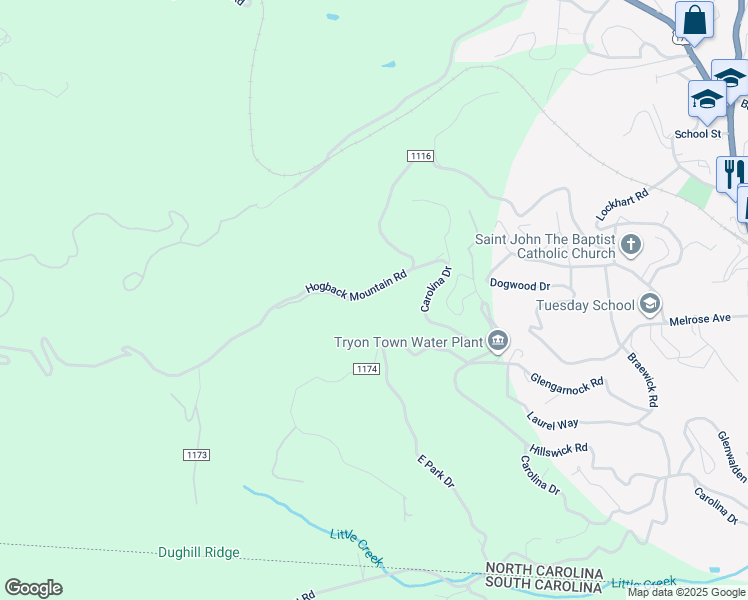 map of restaurants, bars, coffee shops, grocery stores, and more near 1361 Hogback Mountain Road in Tryon