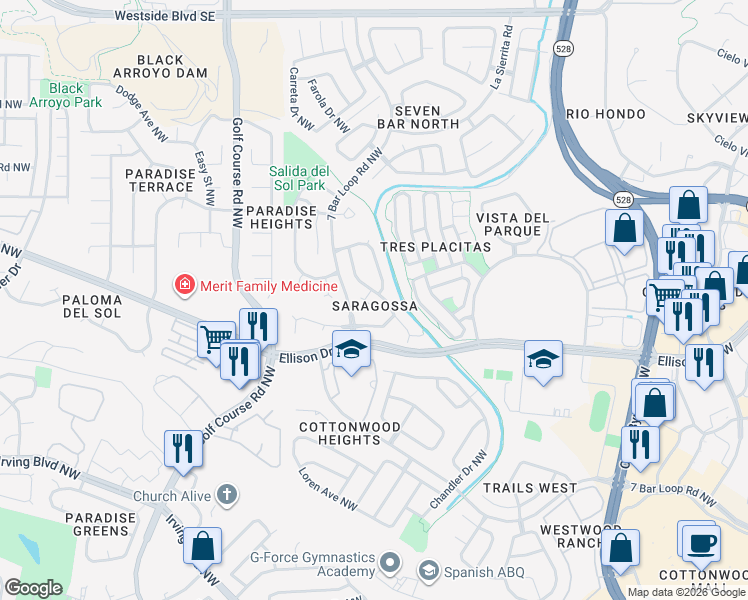 map of restaurants, bars, coffee shops, grocery stores, and more near 10505 Vista Del Sol Drive Northwest in Albuquerque