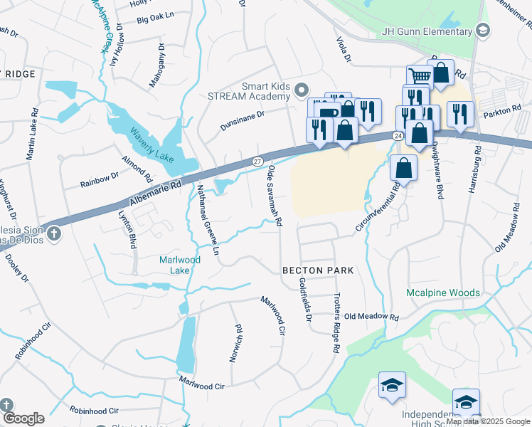 map of restaurants, bars, coffee shops, grocery stores, and more near 8131 Jamison Place Court in Charlotte