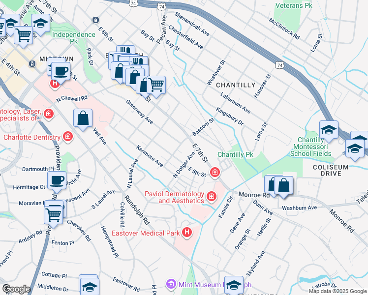 map of restaurants, bars, coffee shops, grocery stores, and more near 2408 East 7th Street in Charlotte