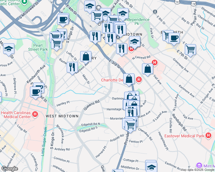 map of restaurants, bars, coffee shops, grocery stores, and more near in Charlotte