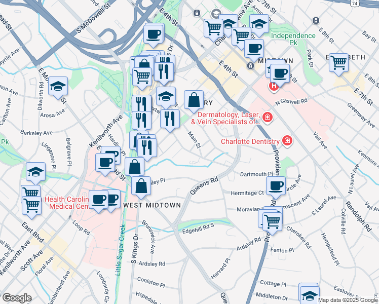 map of restaurants, bars, coffee shops, grocery stores, and more near 1727 Baxter Street in Charlotte