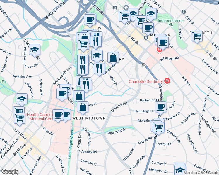 map of restaurants, bars, coffee shops, grocery stores, and more near 1727 Baxter Street in Charlotte