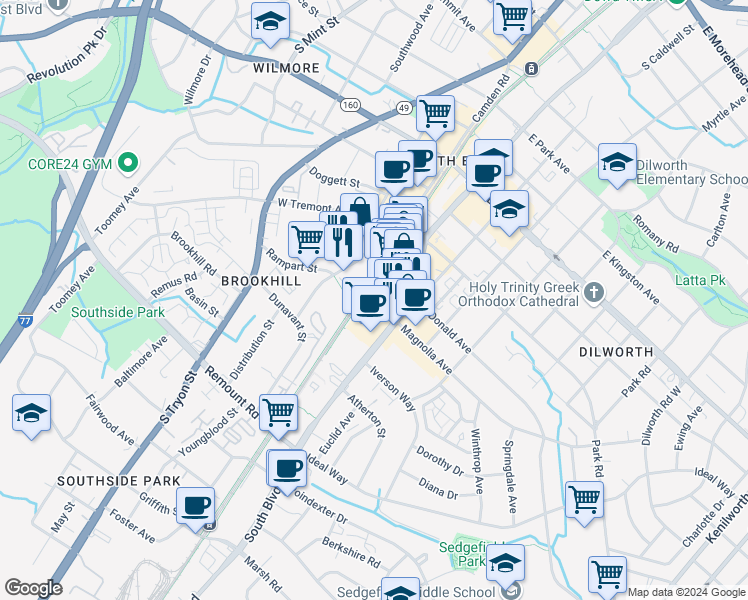 map of restaurants, bars, coffee shops, grocery stores, and more near 2108 South Boulevard in Charlotte