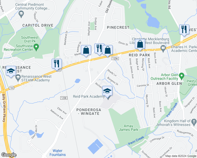 map of restaurants, bars, coffee shops, grocery stores, and more near 4414 West Tyvola Road in Charlotte