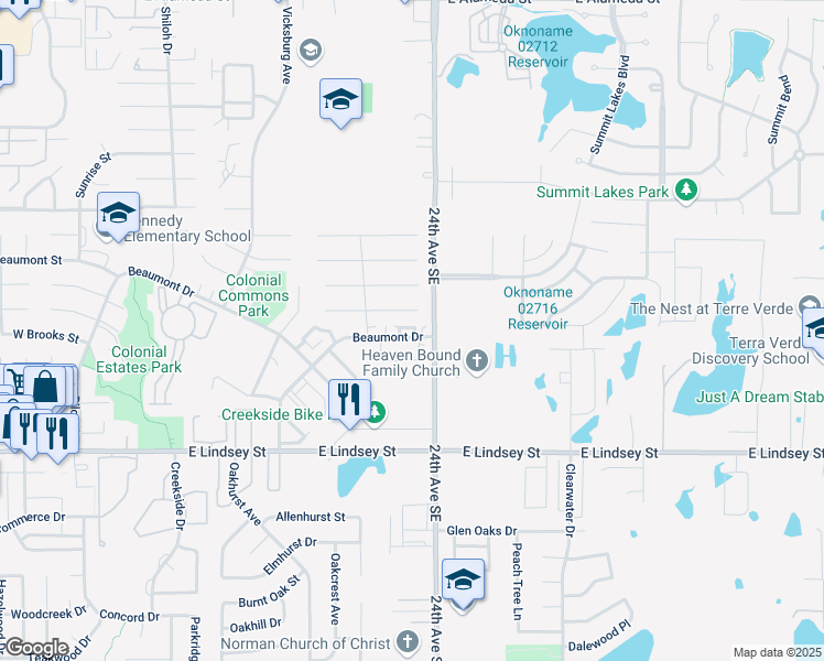 map of restaurants, bars, coffee shops, grocery stores, and more near 2312 Natchez Drive in Norman