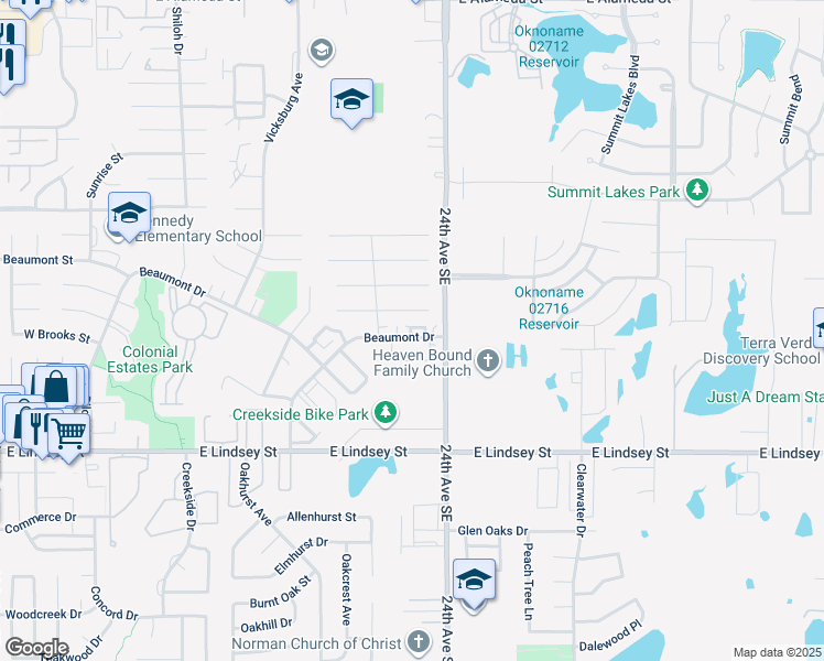 map of restaurants, bars, coffee shops, grocery stores, and more near 2312 Natchez Drive in Norman