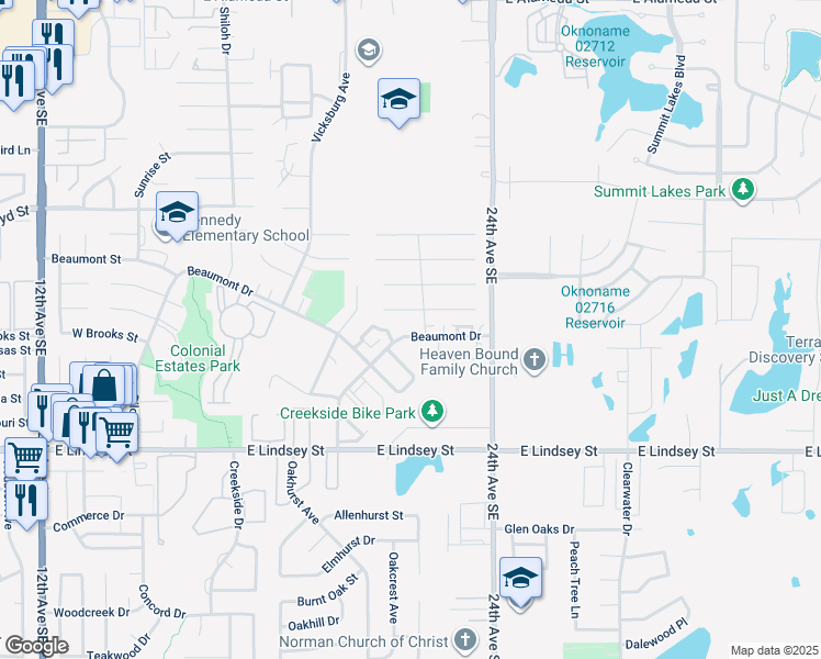 map of restaurants, bars, coffee shops, grocery stores, and more near 2204 Natchez Drive in Norman