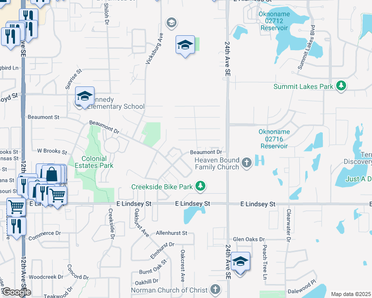map of restaurants, bars, coffee shops, grocery stores, and more near 2112 Natchez Drive in Norman