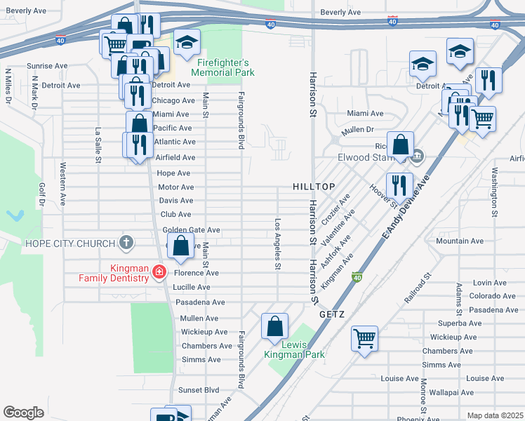 map of restaurants, bars, coffee shops, grocery stores, and more near 2125 Club Avenue in Kingman