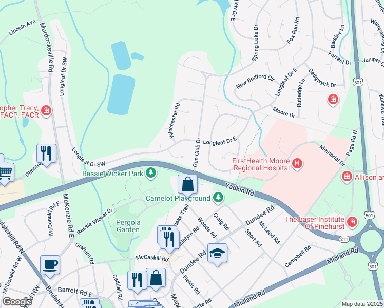 map of restaurants, bars, coffee shops, grocery stores, and more near 85 Gun Club Drive in Pinehurst