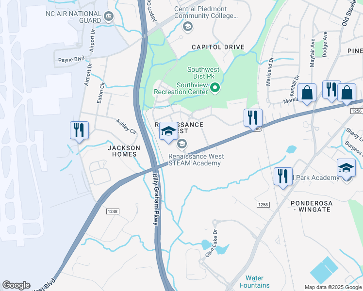 map of restaurants, bars, coffee shops, grocery stores, and more near 3241 New Renaissance Way in Charlotte