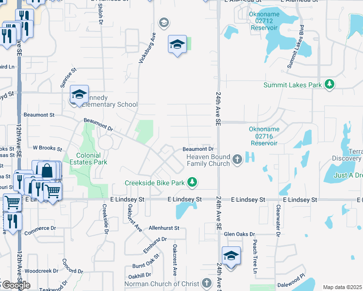 map of restaurants, bars, coffee shops, grocery stores, and more near 2121 Beaumont Drive in Norman