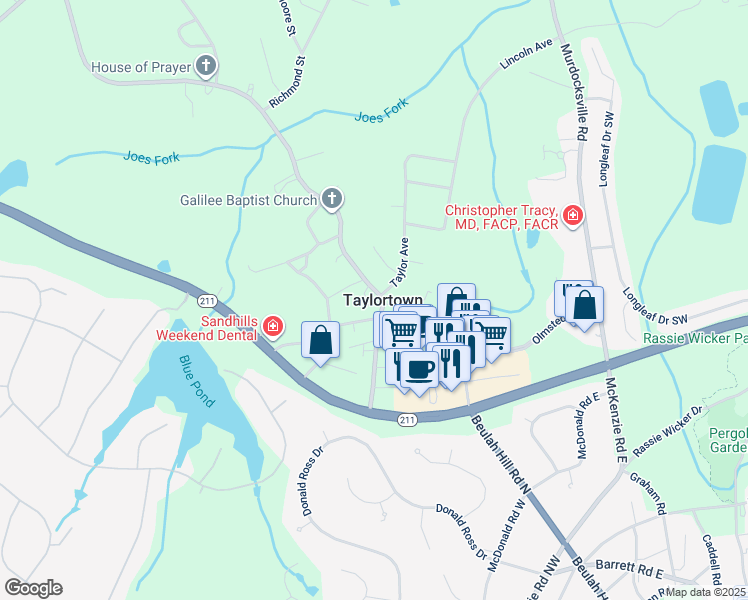 map of restaurants, bars, coffee shops, grocery stores, and more near Main Street in Pinehurst