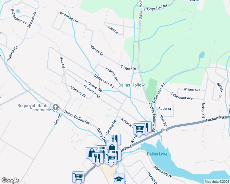 map of restaurants, bars, coffee shops, grocery stores, and more near 1620 Dallas Lake Road in Hamilton County