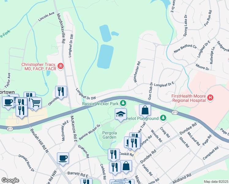 map of restaurants, bars, coffee shops, grocery stores, and more near Longleaf Drive Southwest in Pinehurst