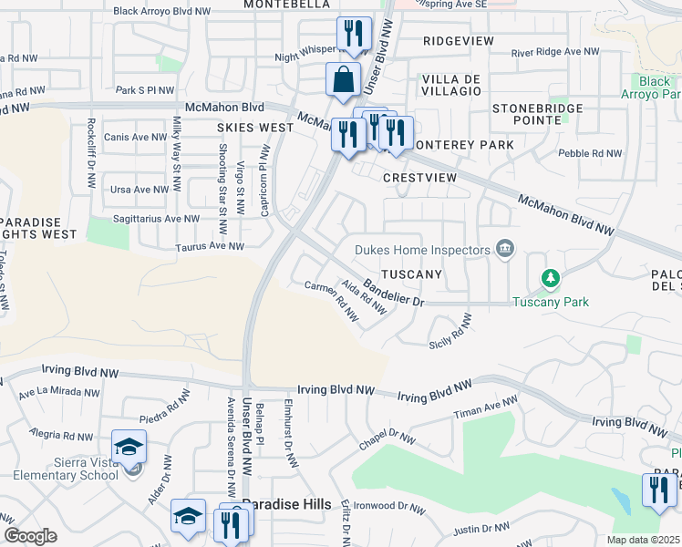 map of restaurants, bars, coffee shops, grocery stores, and more near 5747 Aida Road Northwest in Albuquerque