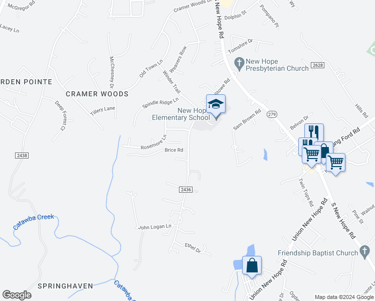 map of restaurants, bars, coffee shops, grocery stores, and more near 244 Brice Road in Gastonia