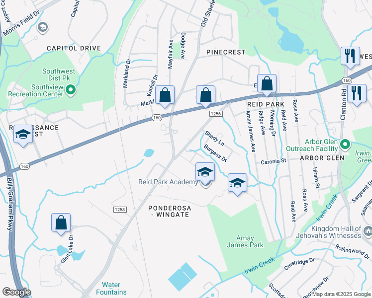 map of restaurants, bars, coffee shops, grocery stores, and more near 4414 West Tyvola Road in Charlotte