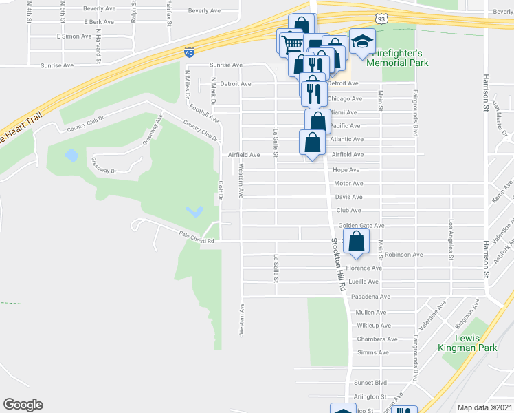 map of restaurants, bars, coffee shops, grocery stores, and more near 1723 Club Avenue in Kingman