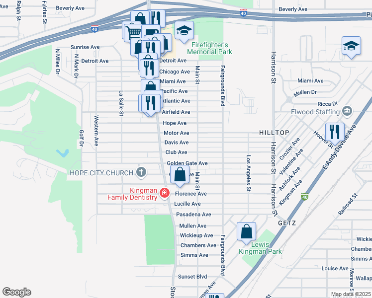 map of restaurants, bars, coffee shops, grocery stores, and more near 1949 Club Avenue in Kingman