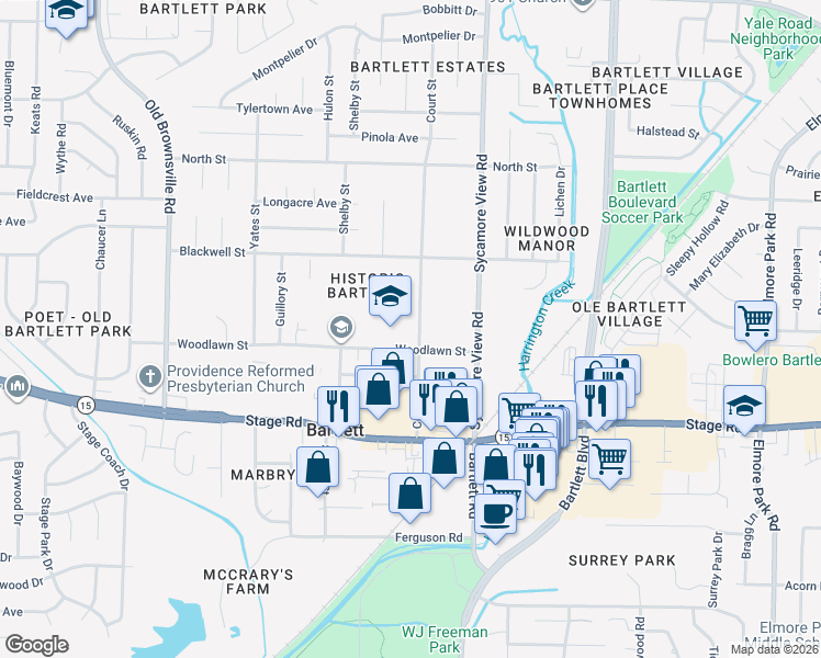 map of restaurants, bars, coffee shops, grocery stores, and more near 3009 Court Street in Bartlett