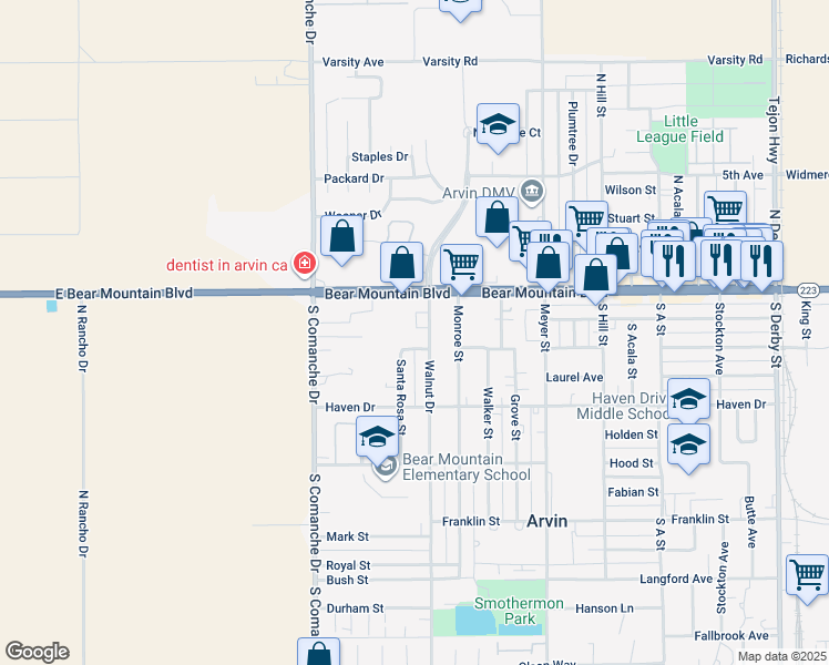map of restaurants, bars, coffee shops, grocery stores, and more near 293 Walnut Drive in Arvin