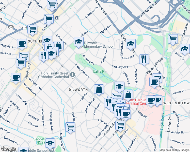 map of restaurants, bars, coffee shops, grocery stores, and more near 812 East Park Avenue in Charlotte