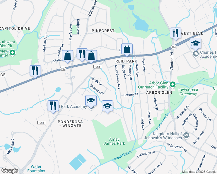 map of restaurants, bars, coffee shops, grocery stores, and more near 2973 Shady Lane in Charlotte