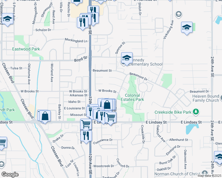 map of restaurants, bars, coffee shops, grocery stores, and more near 1316 Atlanta Circle in Norman