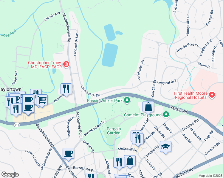 map of restaurants, bars, coffee shops, grocery stores, and more near 209 Longleaf Drive Southwest in Pinehurst