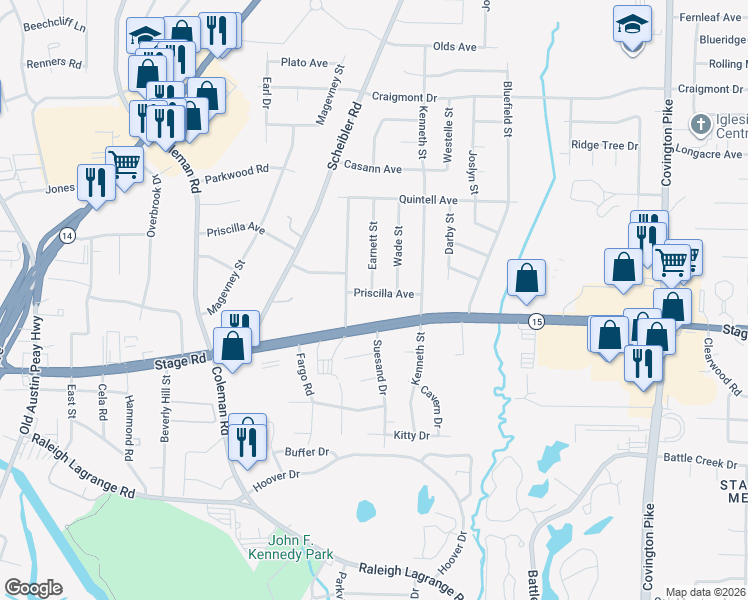 map of restaurants, bars, coffee shops, grocery stores, and more near 4687 Priscilla Avenue in Memphis
