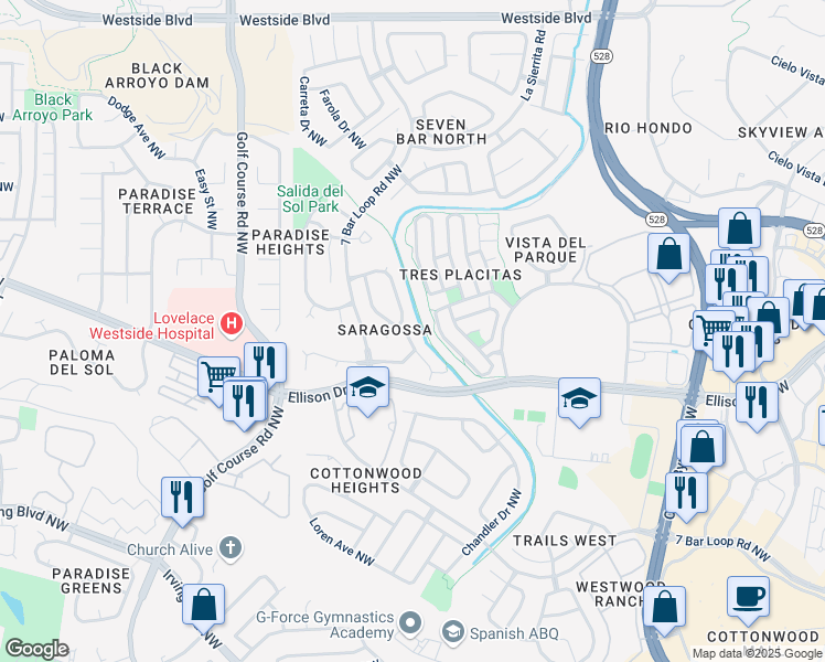 map of restaurants, bars, coffee shops, grocery stores, and more near 10428 Vista Del Sol Drive Northwest in Albuquerque