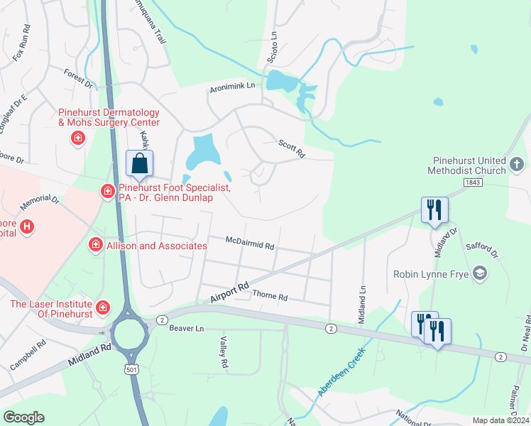 map of restaurants, bars, coffee shops, grocery stores, and more near 92 Sakonnet Trail in Pinehurst