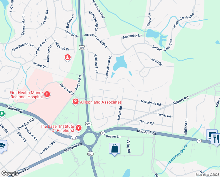 map of restaurants, bars, coffee shops, grocery stores, and more near 135 Mockingbird Court in Pinehurst