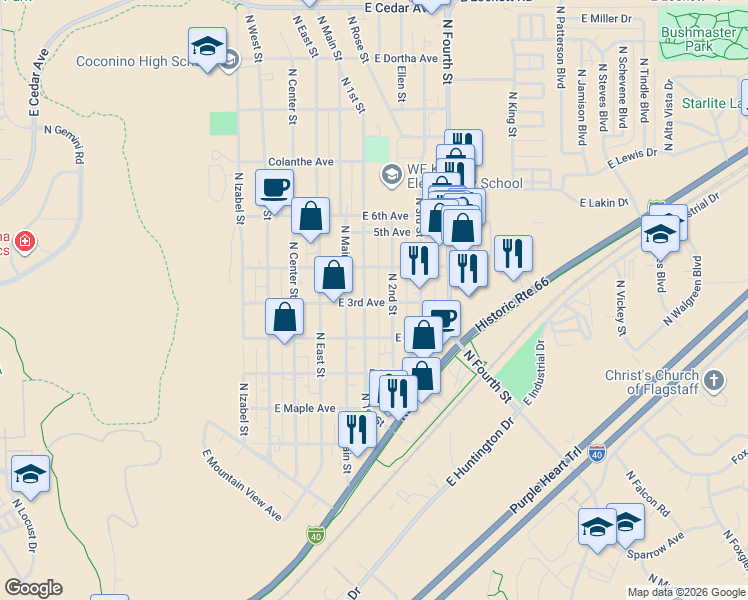 map of restaurants, bars, coffee shops, grocery stores, and more near 2240 East 3rd Avenue in Flagstaff