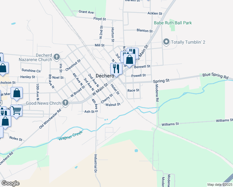 map of restaurants, bars, coffee shops, grocery stores, and more near 101 Cherry Street in Decherd
