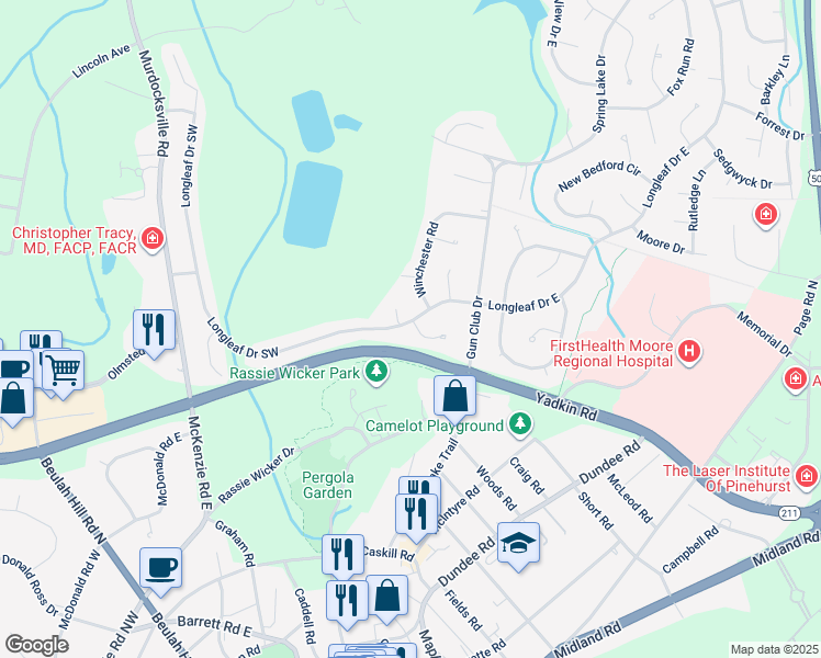 map of restaurants, bars, coffee shops, grocery stores, and more near 1 Red Cedar Lane in Pinehurst