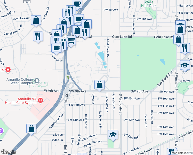 map of restaurants, bars, coffee shops, grocery stores, and more near 9 Medical Drive in Amarillo