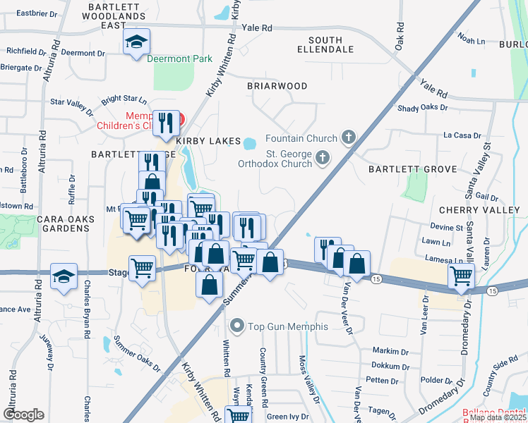 map of restaurants, bars, coffee shops, grocery stores, and more near 6896 U.S. 70 in Bartlett