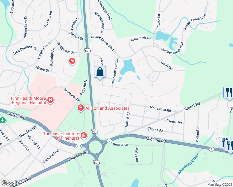 map of restaurants, bars, coffee shops, grocery stores, and more near 135 Mockingbird Court in Pinehurst