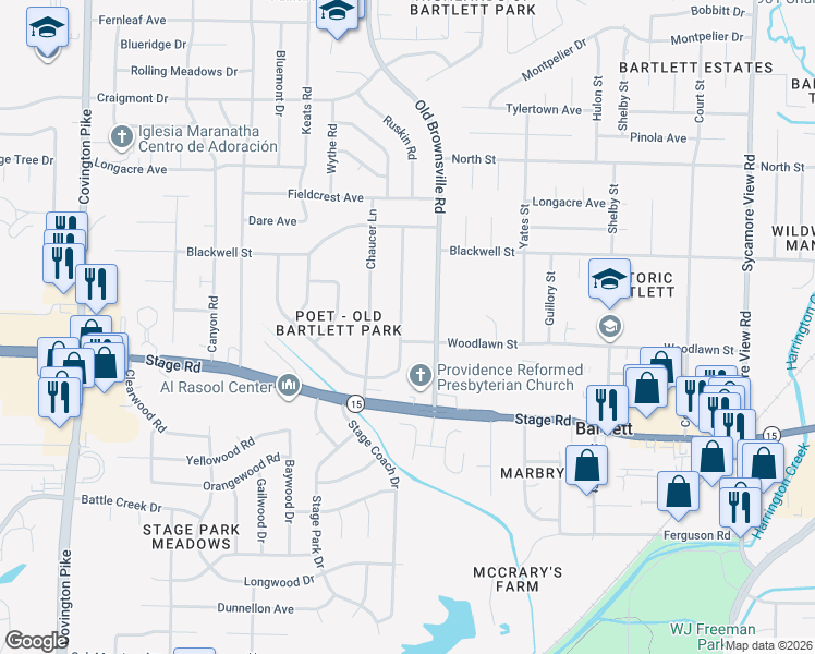 map of restaurants, bars, coffee shops, grocery stores, and more near 3020 Ruskin Road in Bartlett