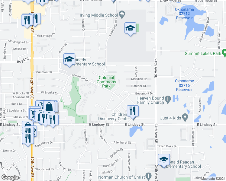 map of restaurants, bars, coffee shops, grocery stores, and more near 824 Peppertree Court in Norman